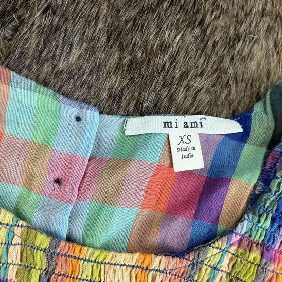 Mi Ami Colorful Plaid Preppy Peplum Smocked Ruffle Flutter Sleeve Blouse Sz XS - Picture 9 of 11